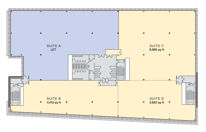 Floor plan showing three available office suites labeled B (4,412 sq ft), C (6,986 sq ft), and D (3,653 sq ft).
