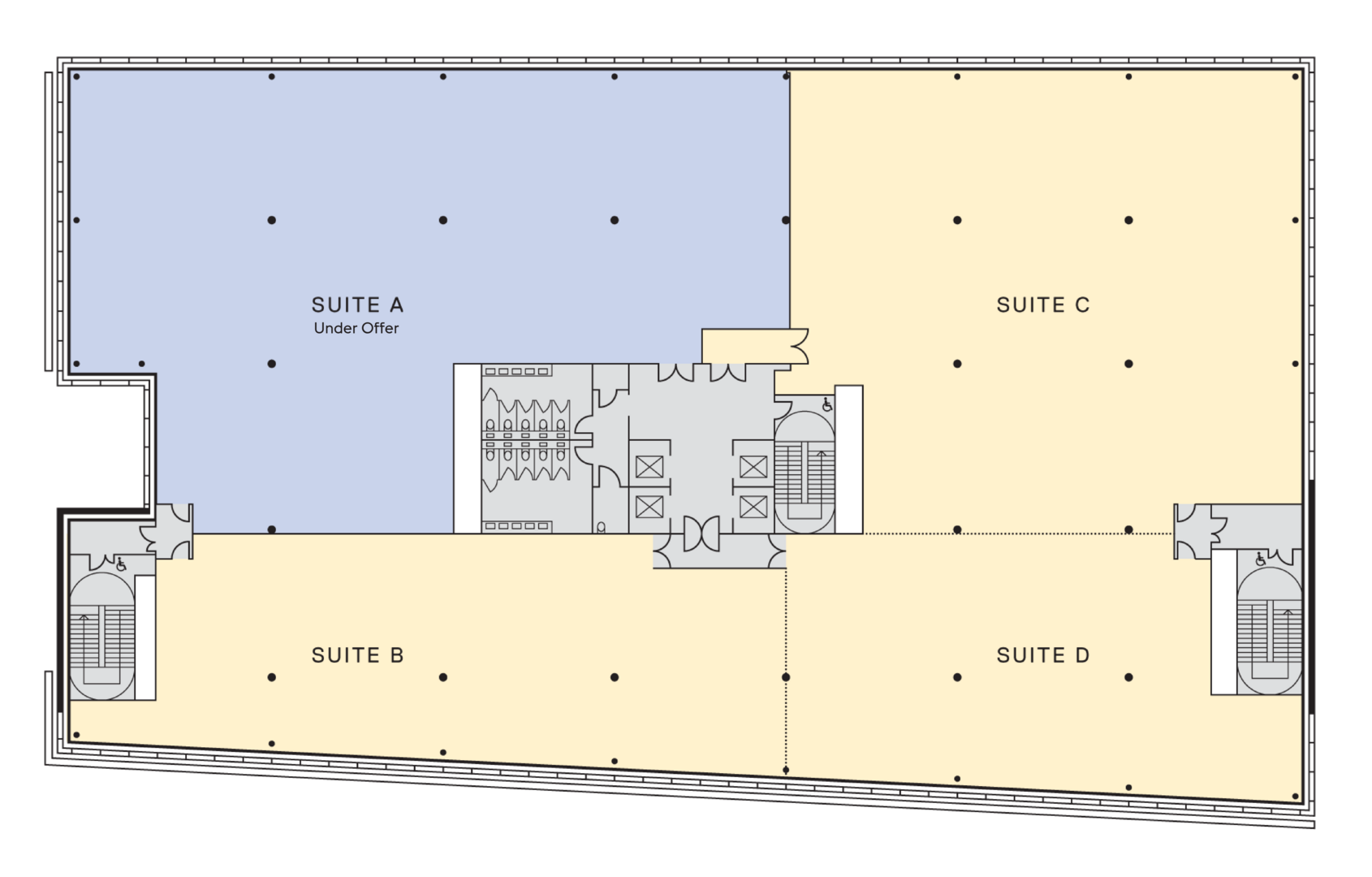 Floor plan showing Suites A, B, C, and D with elevators and common areas.