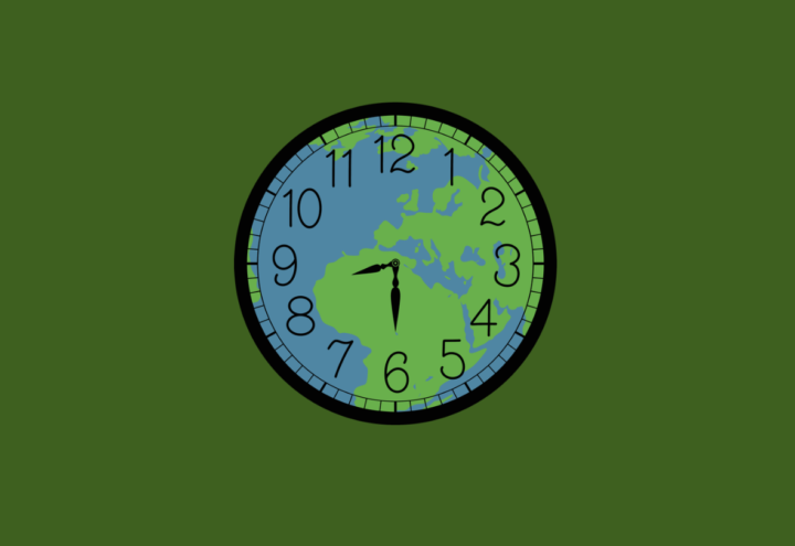 Analog clock with a world map as the face, showing the time as 8:30, on a green background.